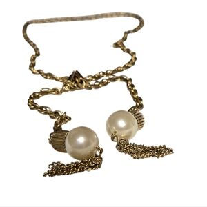 vintage Y-style adjustable necklace with large faux pearls tassels